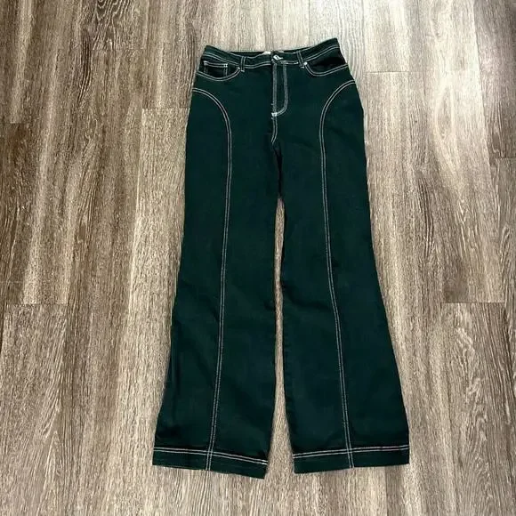 Free People High-Rise Foxy Flare Jeans Green Wide Leg Retro - Picture 1 of 16